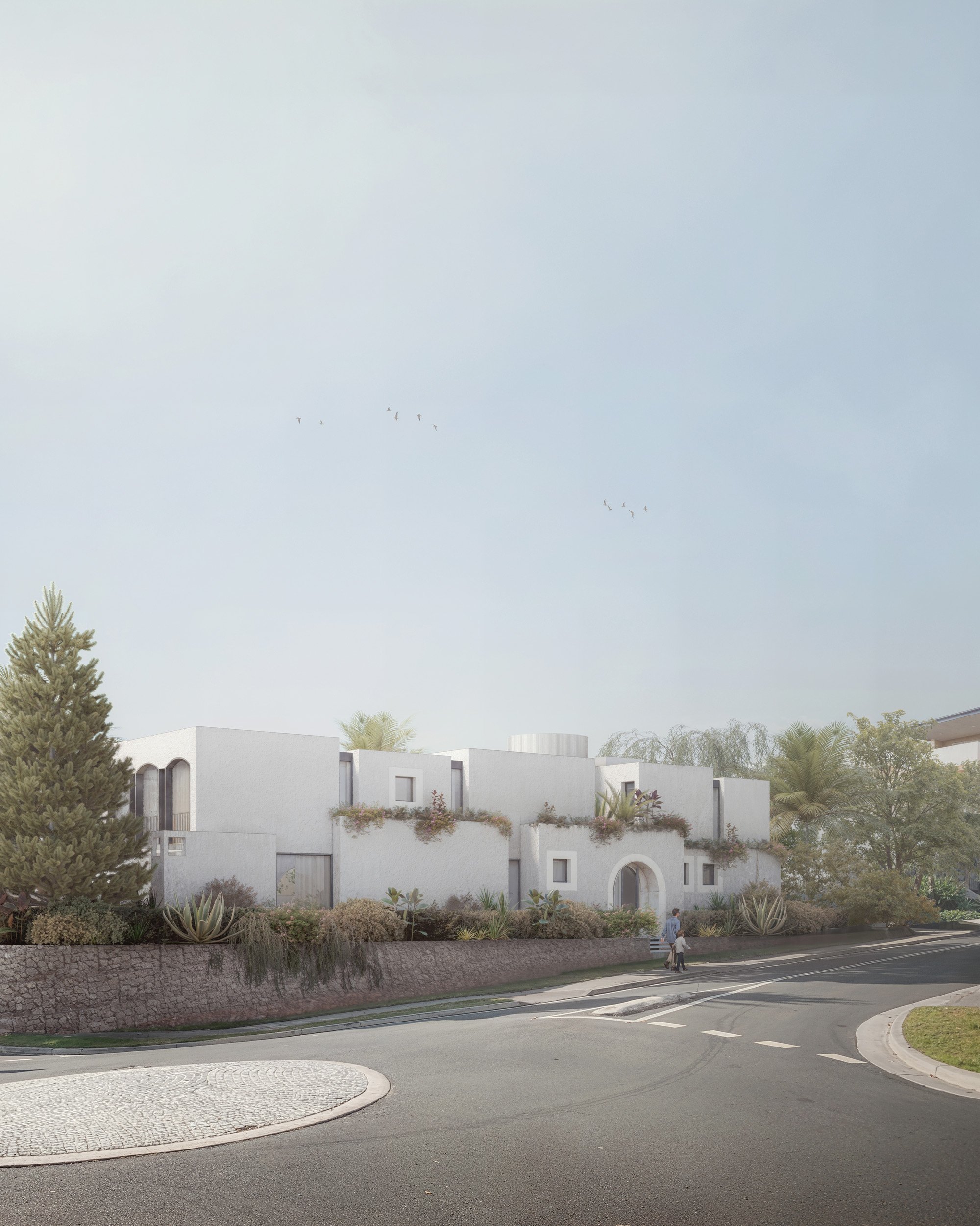 Hopetoun — architectural visualisation of a Mediterranean-inspired residential building with white rendered forms, soft landscape planting and warm morning light within a suburban streetscape.