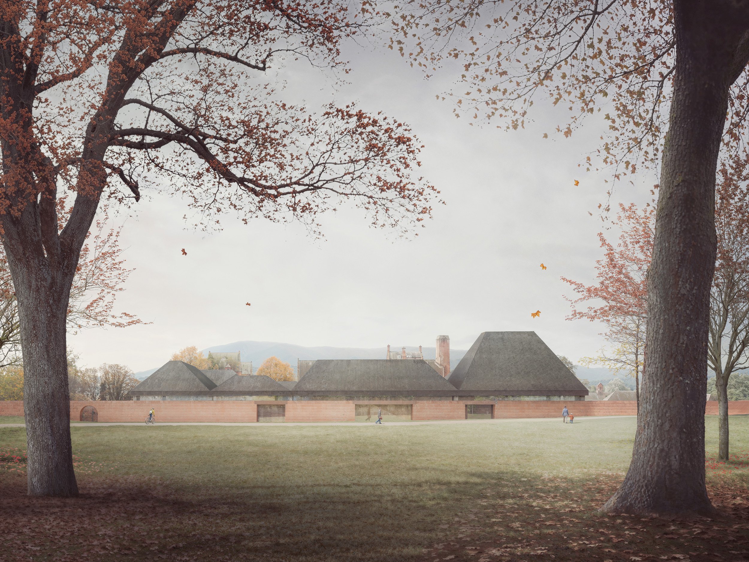 Crichton — architectural visualisation of a brick civic building and walled landscape framed by mature autumn trees under soft overcast light.