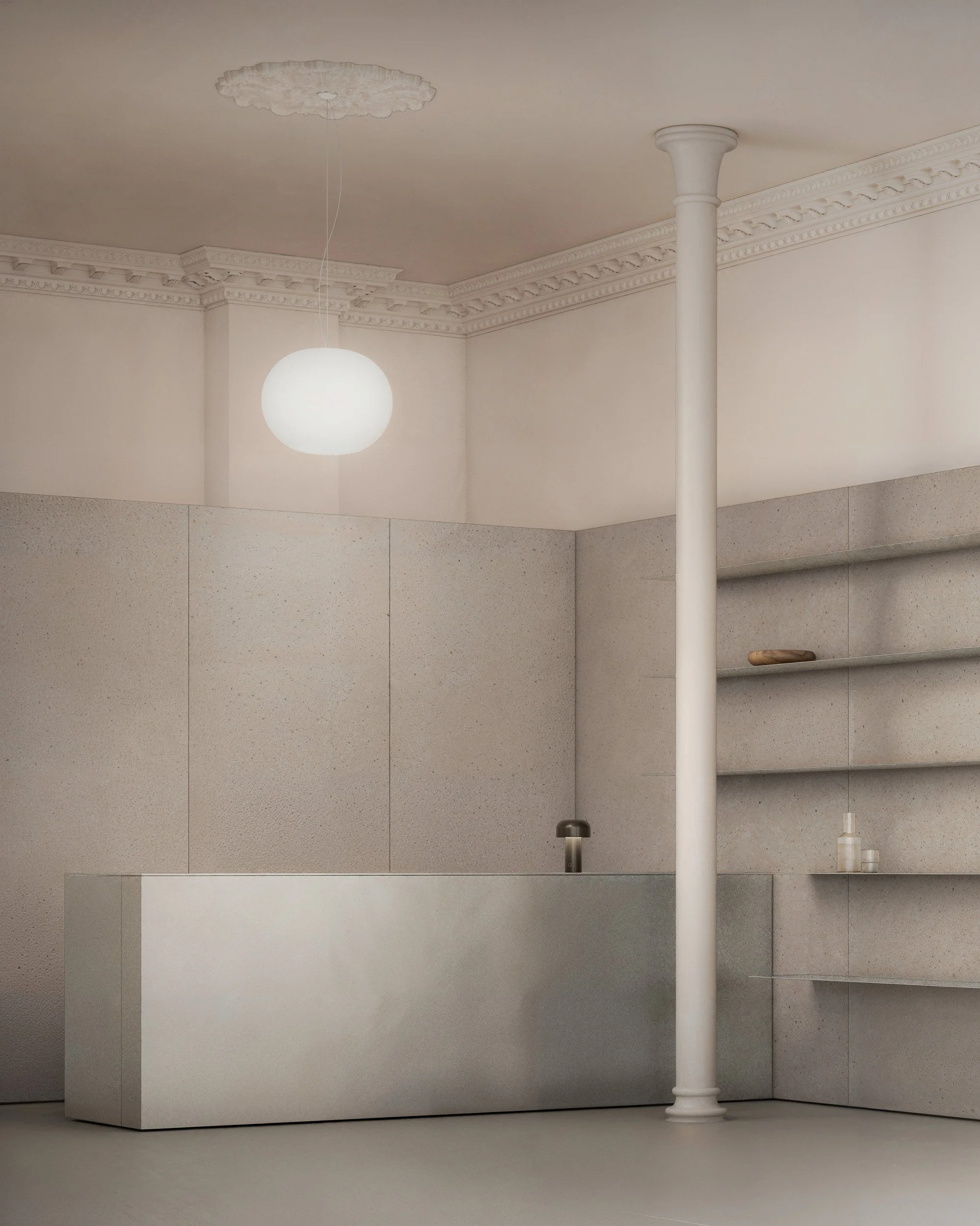 Combini — interior architectural visualisation of a minimal retail space with textured stone surfaces, classical detailing and soft ambient lighting.