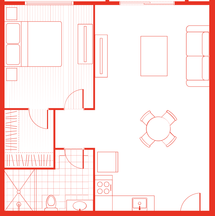 Plan d'un appartement avec une chambre, une salle de bain, une cuisine et un salon avec mobilier.