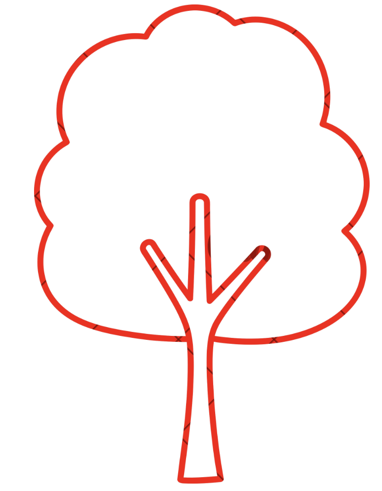 Un contour de dessin d'arbre rouge sans remplissage intérieur.
