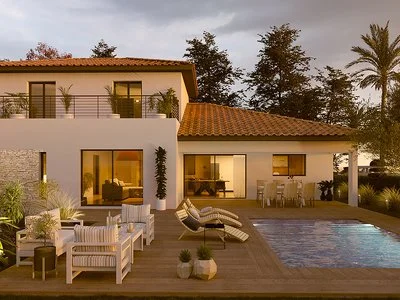 Maison moderne avec piscine, espace extérieur avec meubles de jardin, arbres et palmiers.