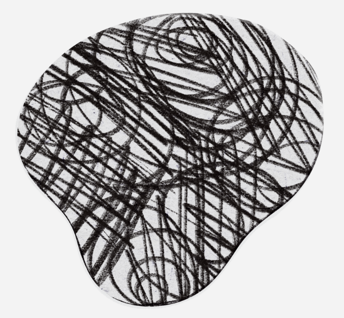 Black messy scribbles on a white irregularly-shaped background