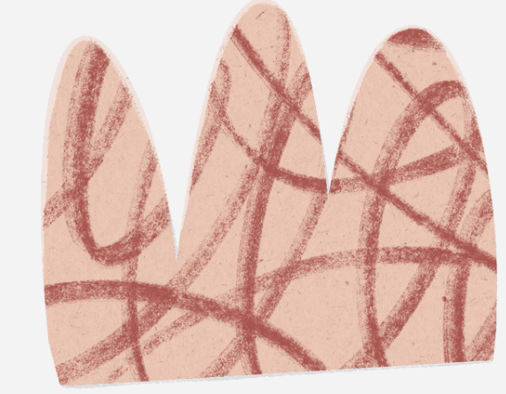 Close-up of a textured abstract artwork with pinkish background and red crisscrossing lines, resembling a hand with three fingers.
