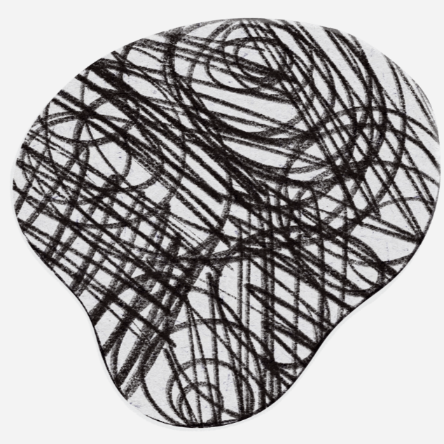 Abstract black scribbles on white paper in a roughly heart-shaped form.