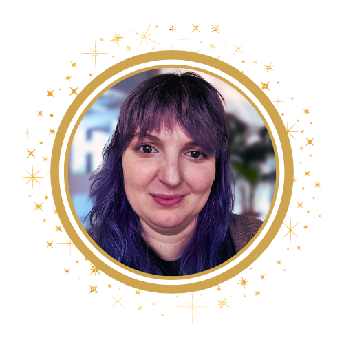 picture of kathleen smith with gold circle and sparkles