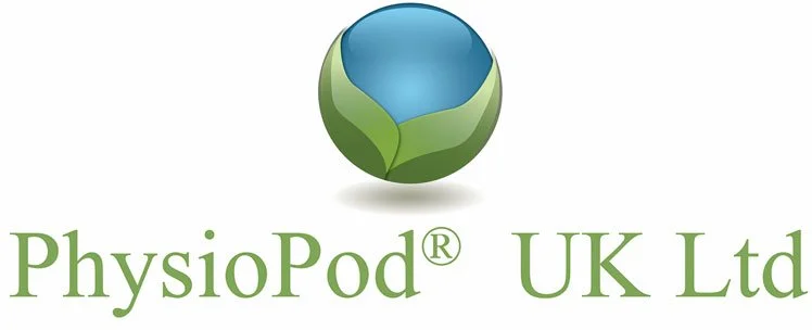 Logo for PhysioPod UK Ltd featuring a globe with green leaves and blue water at the top, and the company name below.
