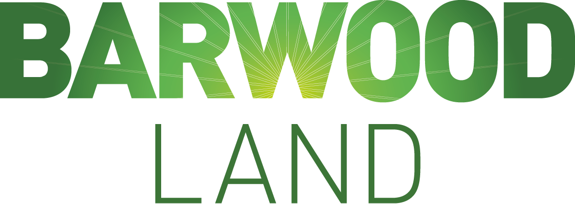 Graphic text reading 'Barwood Land' with a green gradient and lines radiating from the center of the word 'Barwood'.