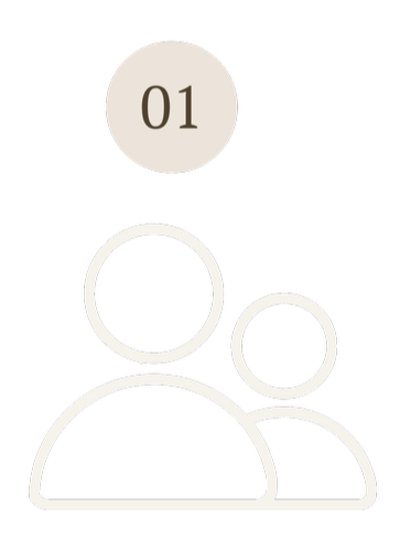 Graphic of three outline figures with circles representing heads, accompanied by a circle labeled '01' at the top.