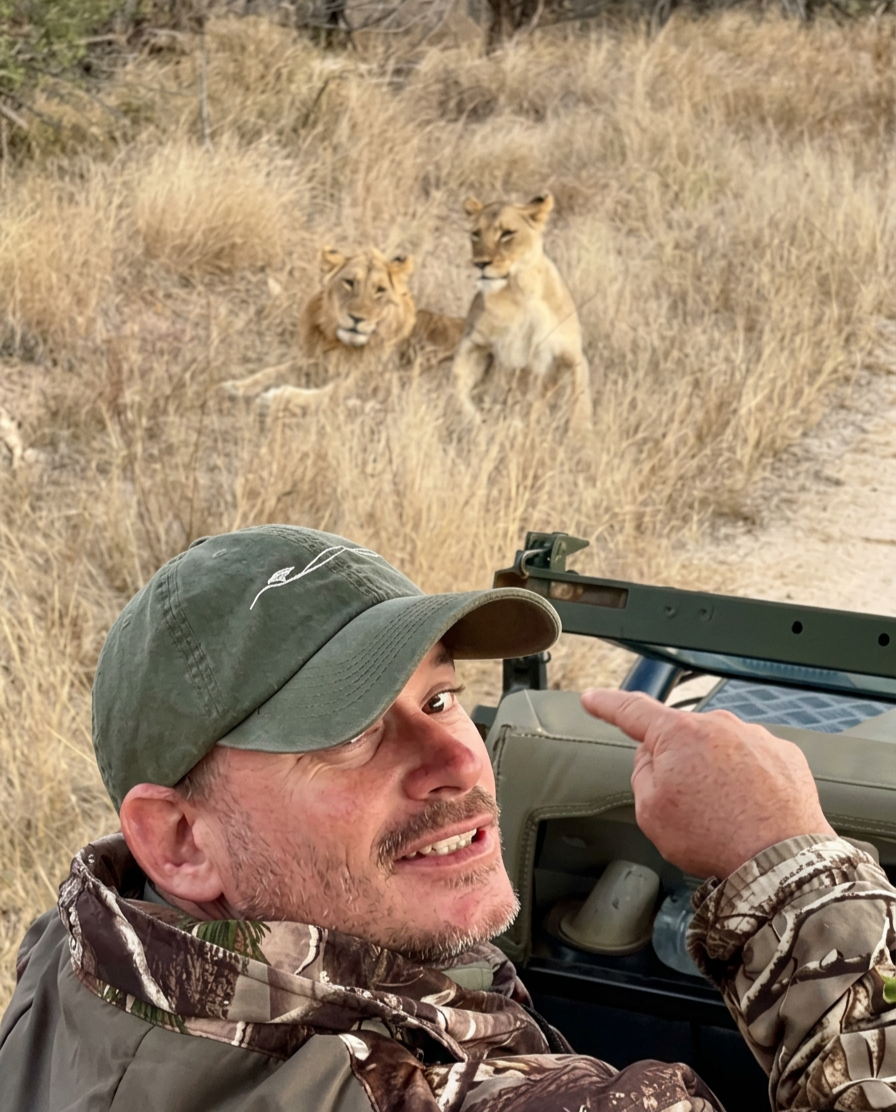 Safari guide looking lions near vehicle