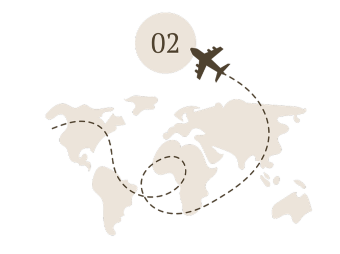 World map with an airplane silhouette and a circle with the number 02, illustrating travel or flight route.