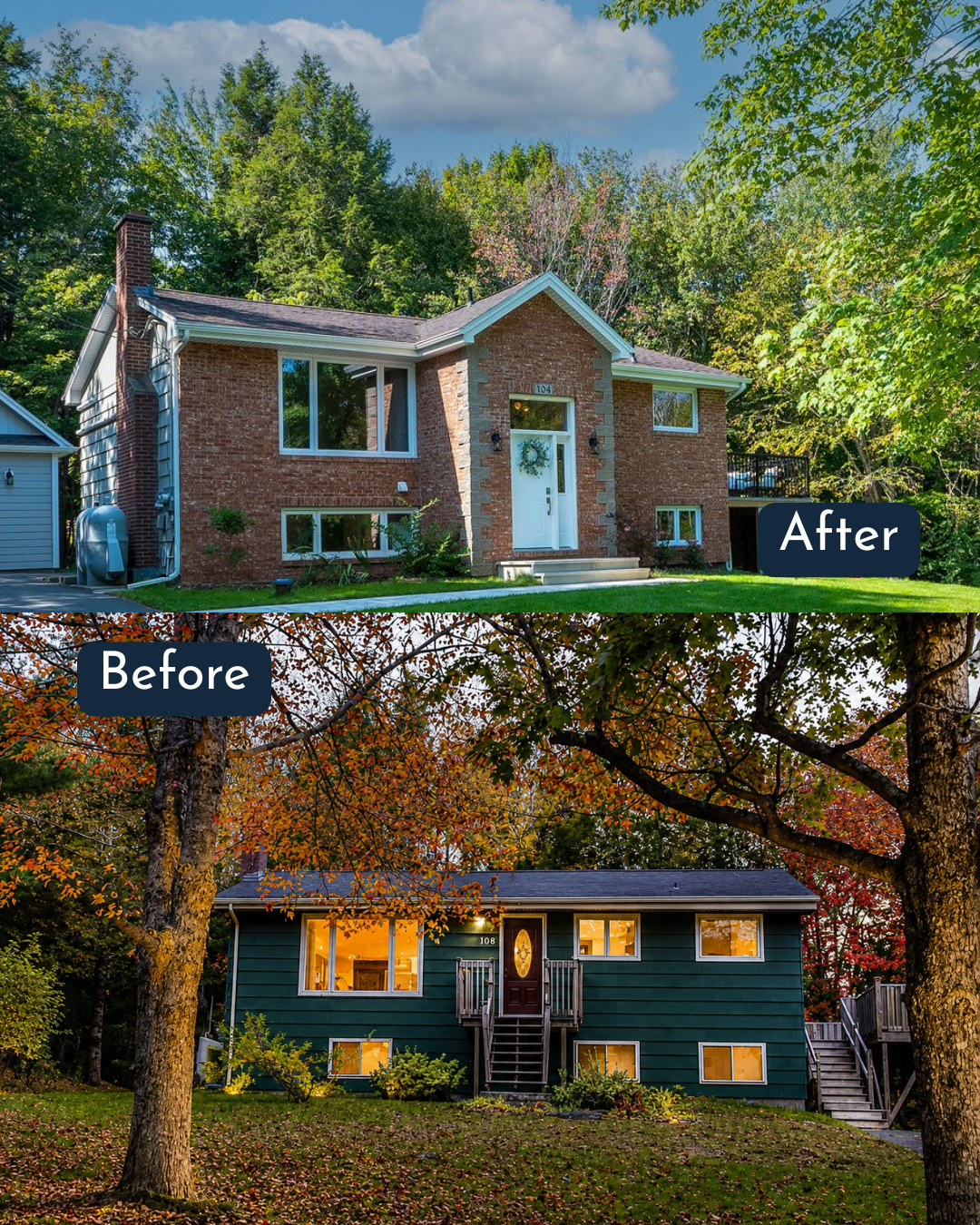 Comparison of a house before and after renovations. The after image shows a modern brick house with a white front door, large front windows, and a well-maintained lawn, while the before image depicts a traditional house with dark green siding, a porc