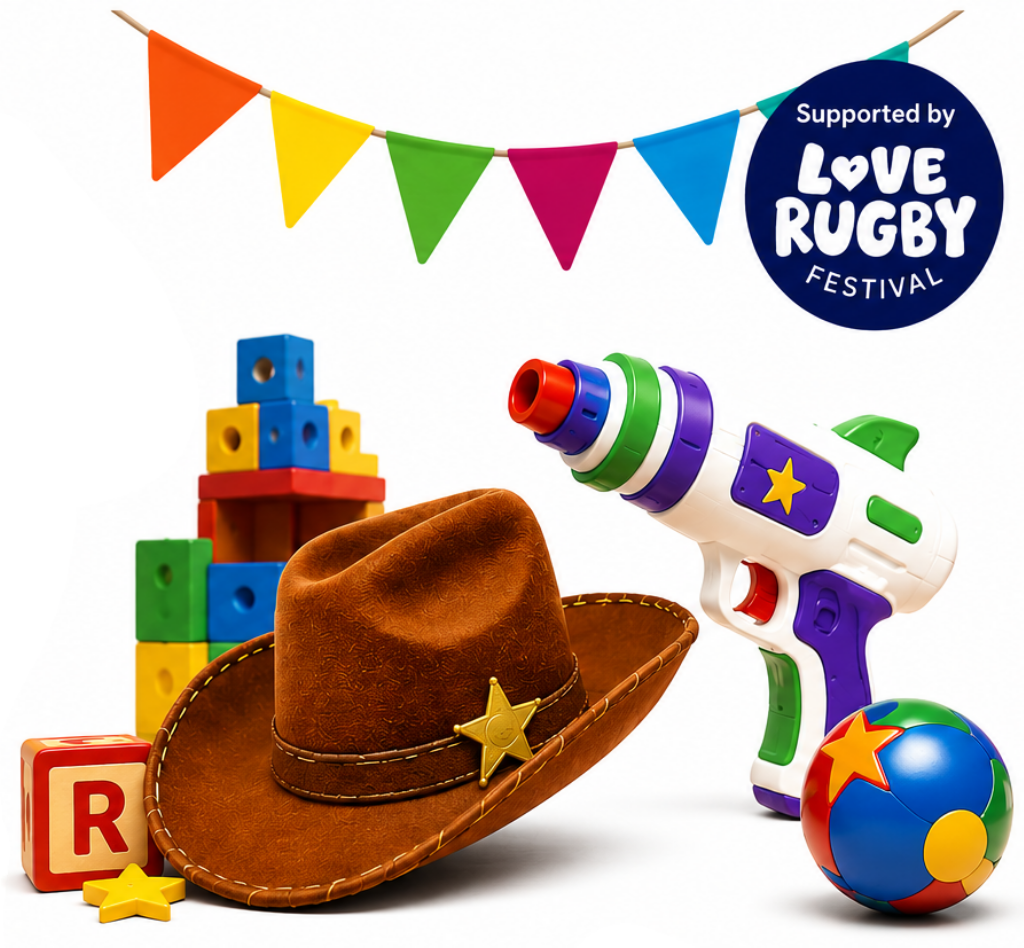 A collection of children's toys including building blocks, a cowboy hat with a sheriff's badge, a toy gun, a colorful ball, and a stack of toys, with a banner reading "Supported by Love Rugby Festival".