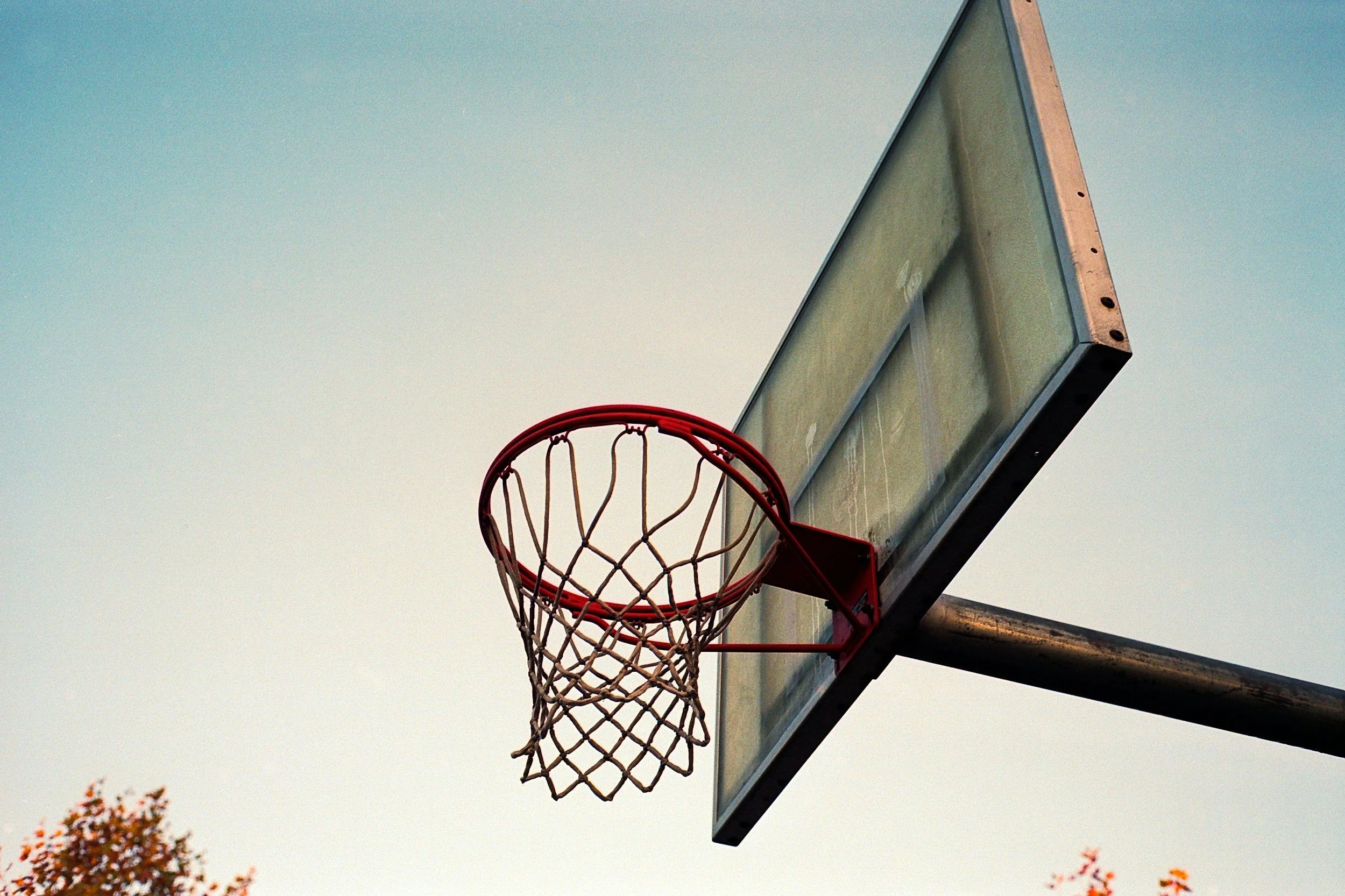 Basketball hoop and backboard against a sky background with trees in the lower corners.