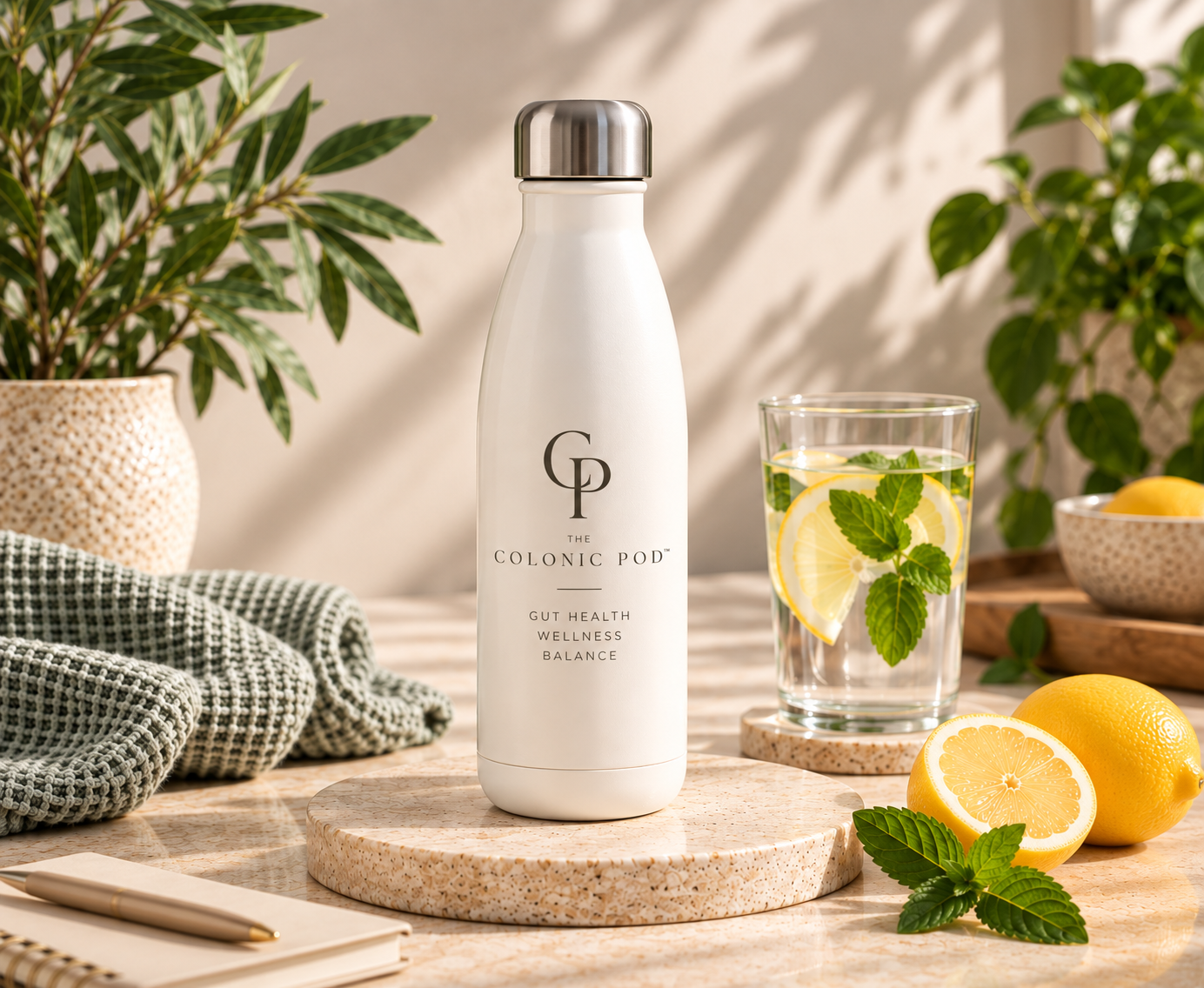 The Colonic Pod insulated reusable hydration bottle beside lemon and mint water for everyday hydration.