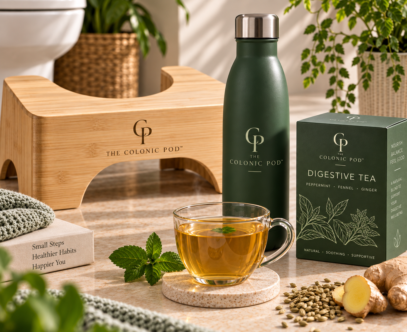 The Colonic Pod Digestive Tea with peppermint, fennel and ginger, pictured with a reusable hydration bottle and premium toilet step.