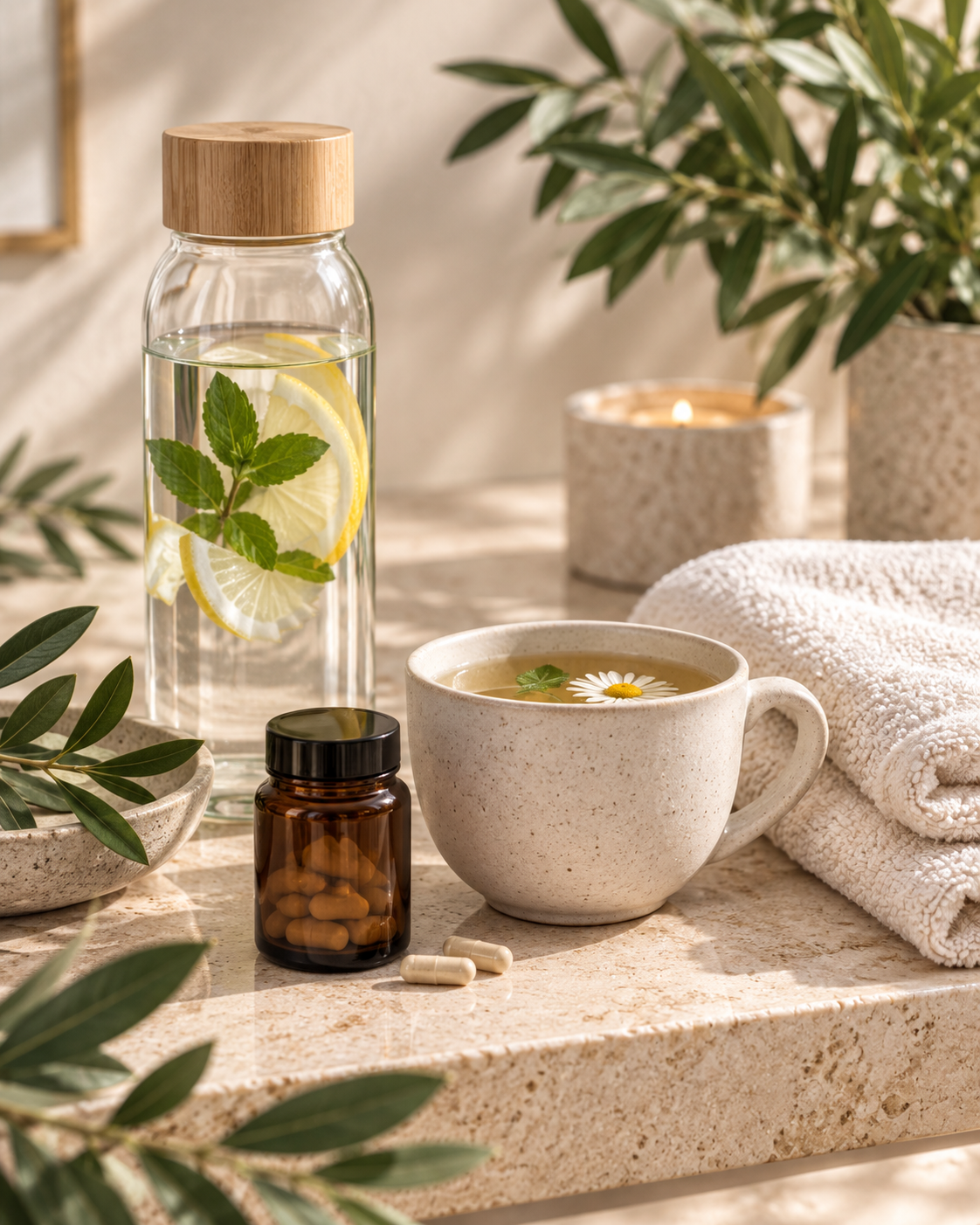 After colonic hydrotherapy support with hydration, herbal tea and gut health supplements at The Colonic Pod