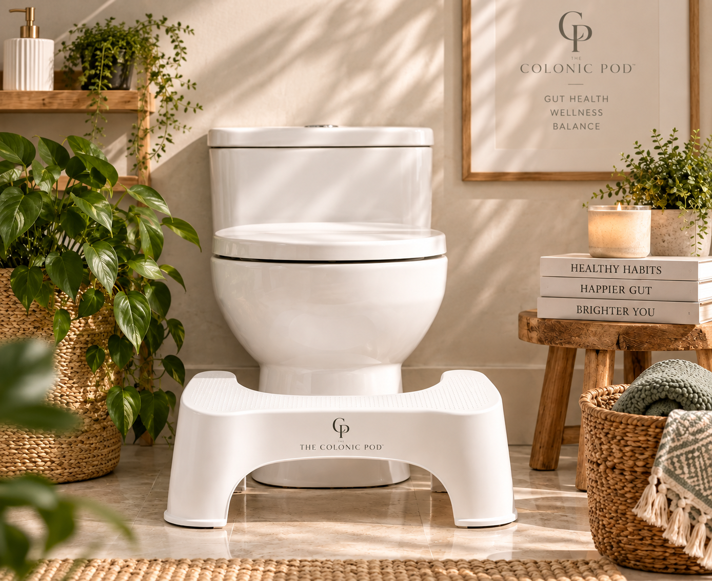 The Colonic Pod premium toilet step positioned in front of a toilet to support a more natural toileting position and everyday bowel habits.