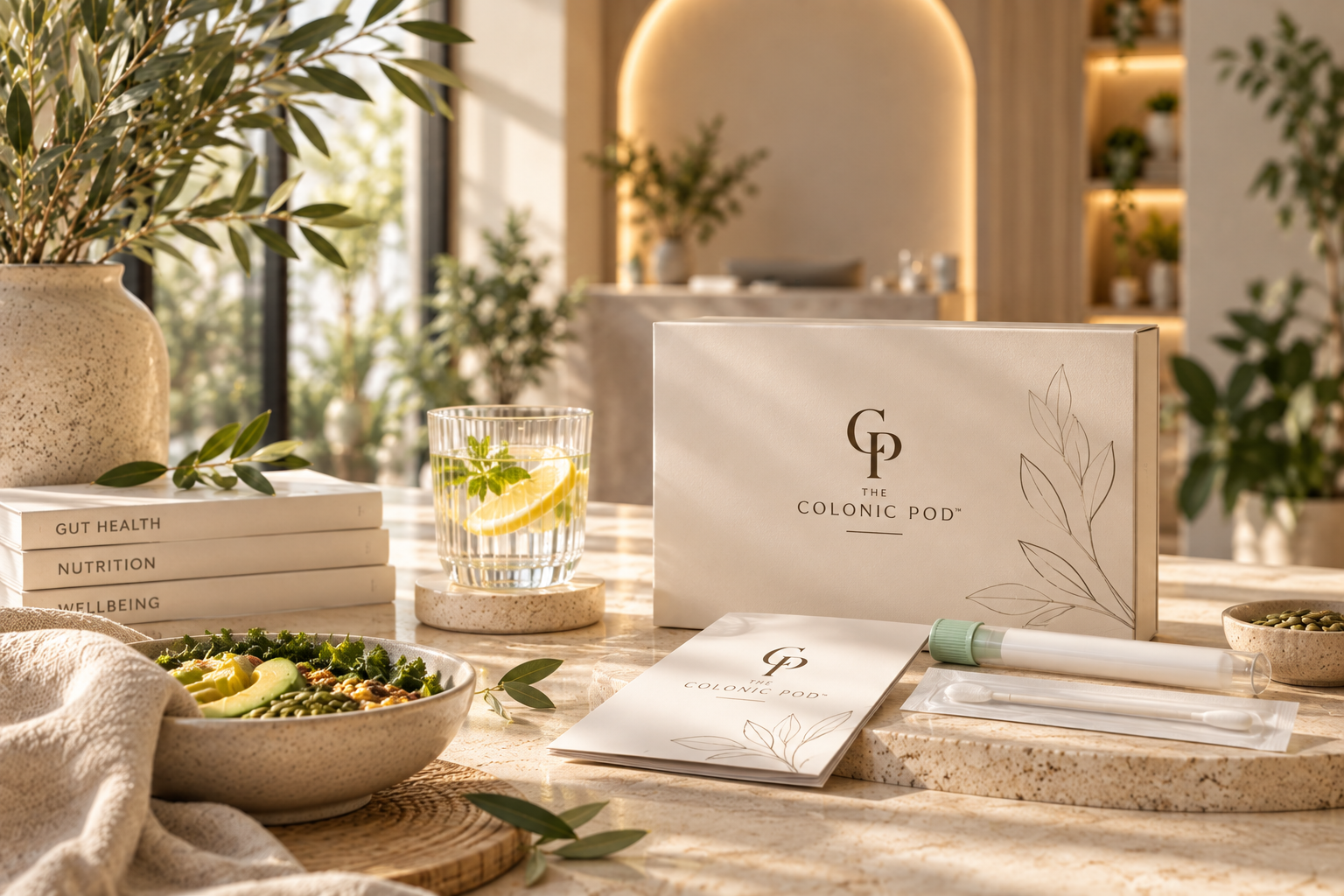 The Colonic Pod Gut Microbiome Test kit with sample collection tube, personalised nutrition materials and healthy food.