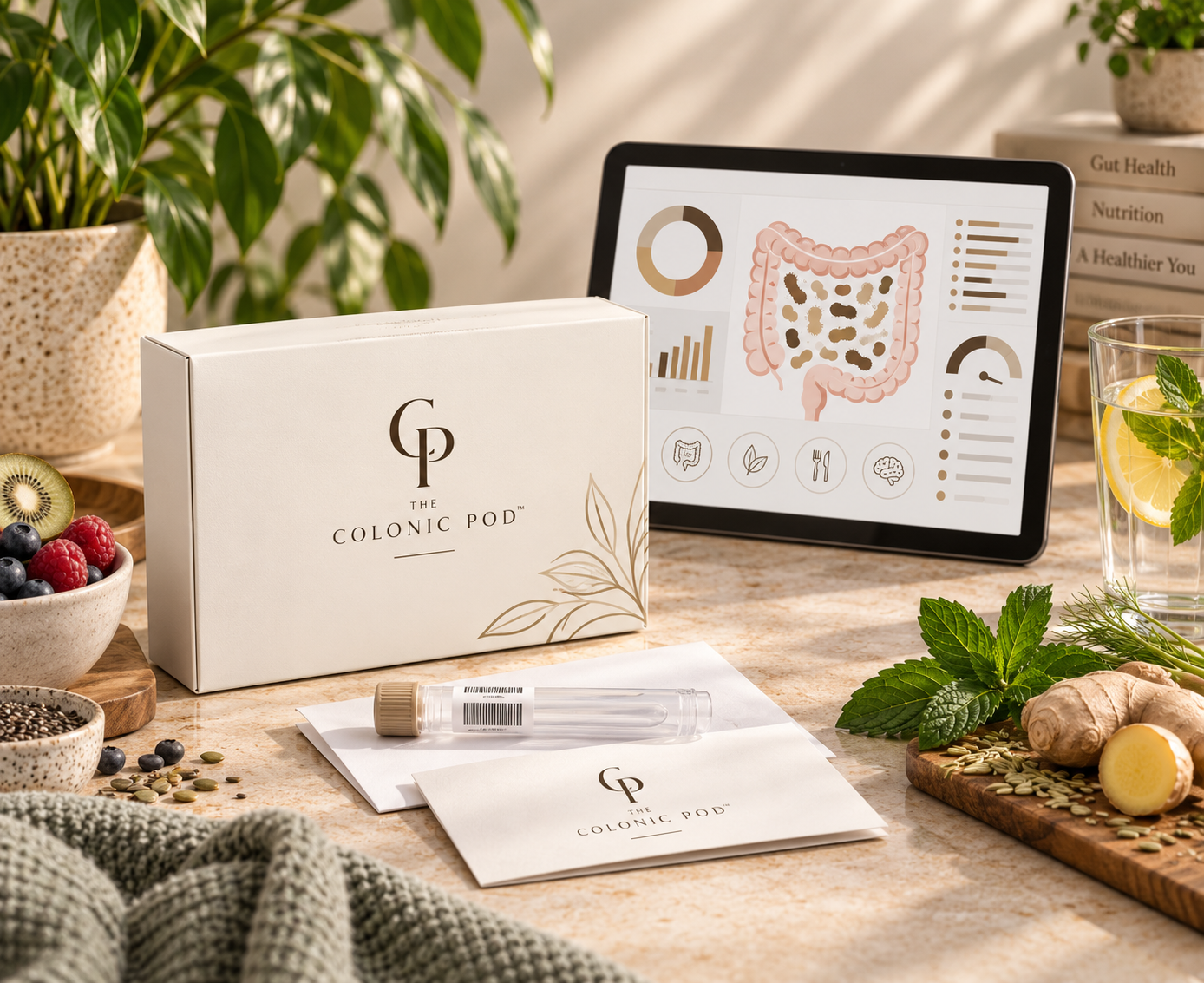 The Colonic Pod Gut Microbiome Test kit with sample tube and personalised gut microbiome report displayed on a tablet