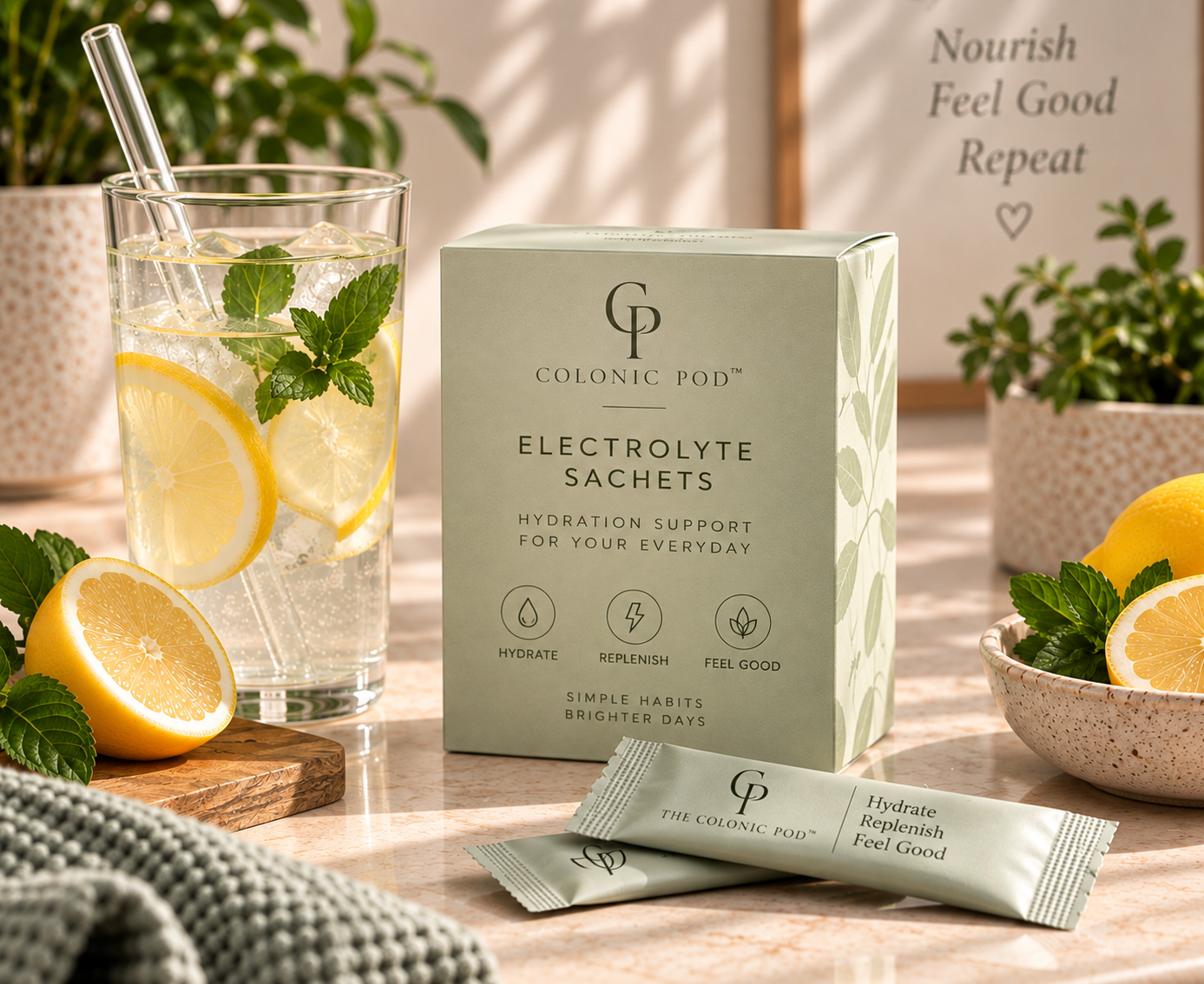 The Colonic Pod electrolyte sachets with lemon and mint water for convenient everyday hydration support.