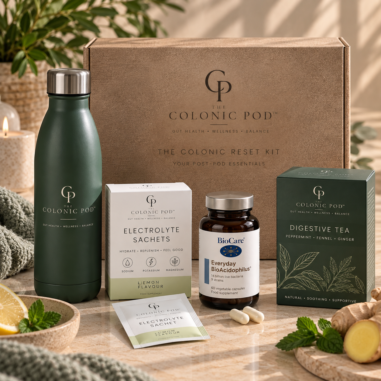The Colonic Reset Kit with an insulated hydration bottle, electrolyte sachets, BioCare Everyday BioAcidophilus and digestive tea.