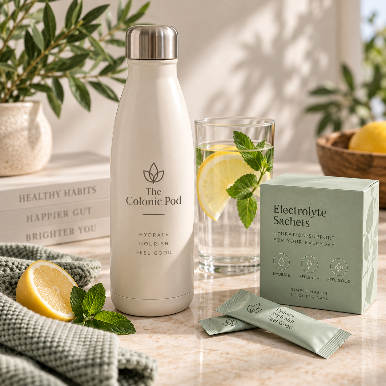 The Colonic Pod insulated hydration bottle and electrolyte sachets for everyday hydration support.