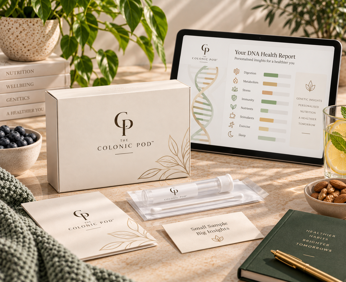 The Colonic Pod DNA Health Test kit with sample collection tube and personalised DNA health report covering nutrition, digestion and lifestyle insights.