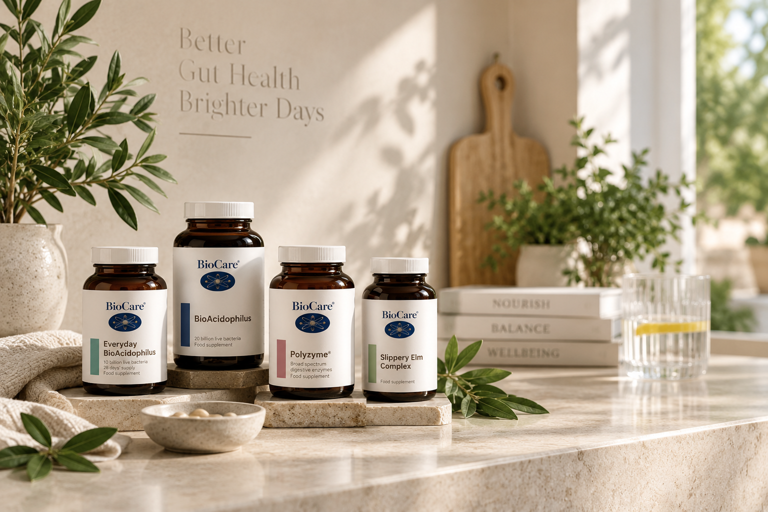 BioCare gut health supplements at The Colonic Pod, including Everyday BioAcidophilus, BioAcidophilus, Polyzyme and Slippery Elm Complex.