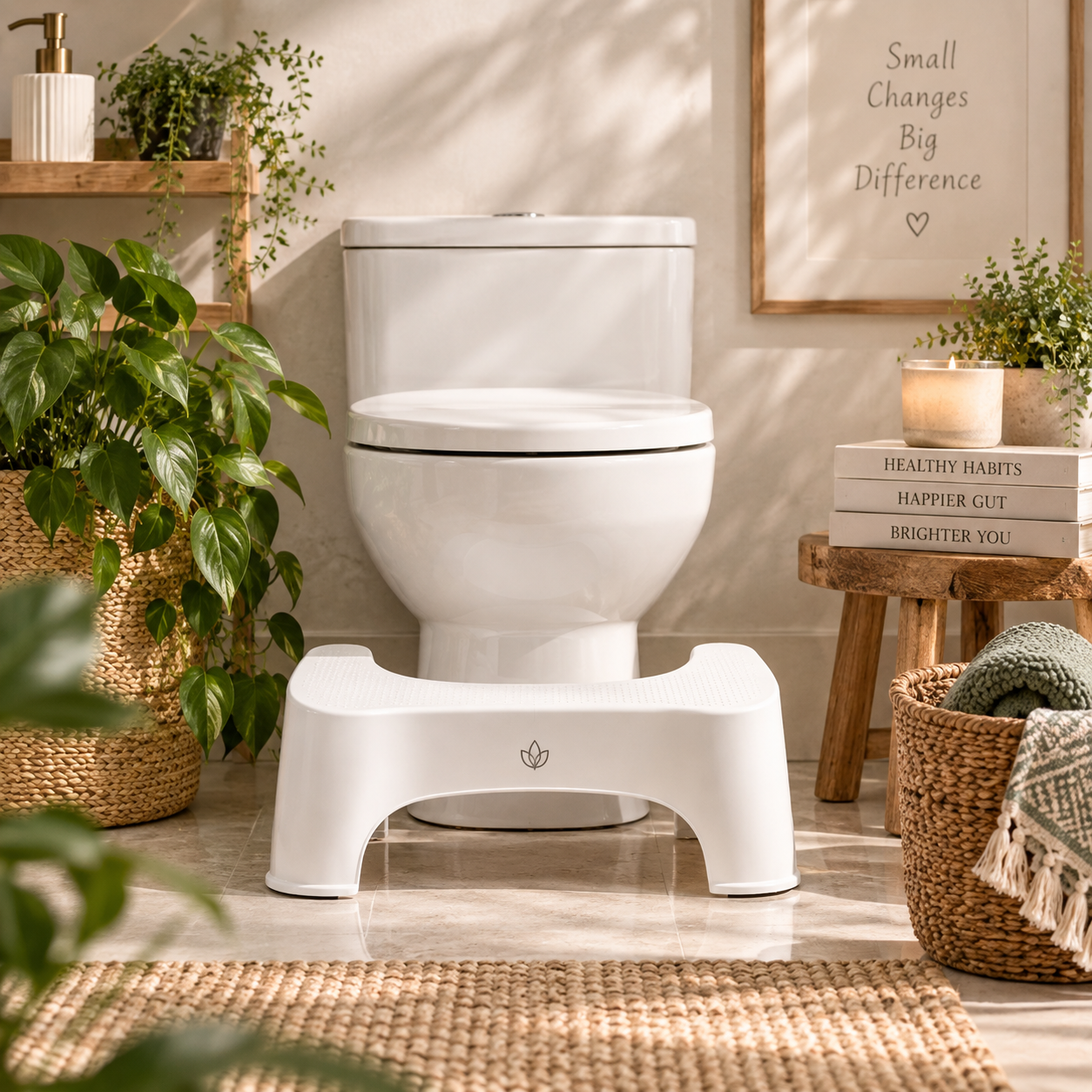 Premium toilet step for a more natural toileting position, shown in a calm bathroom setting to support healthy bowel habits and regularity.