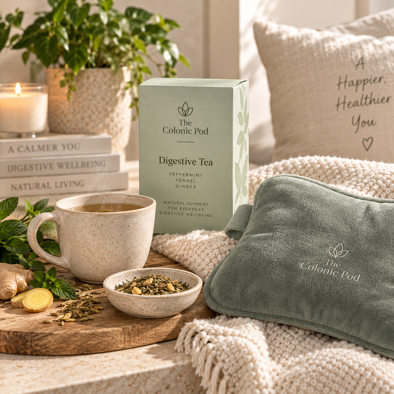 The Colonic Pod digestive tea with peppermint, fennel and ginger alongside a reusable abdominal heat pad for everyday digestive comfort.