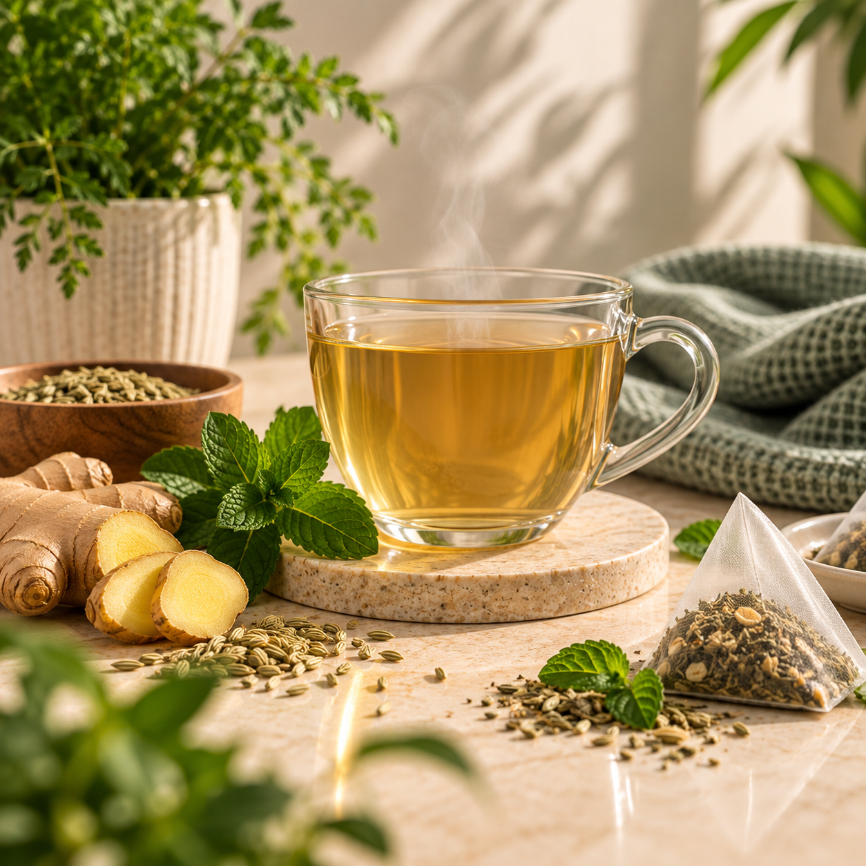 Herbal digestive tea with peppermint, fennel and ginger for a warm and comforting everyday routine at The Colonic Pod.