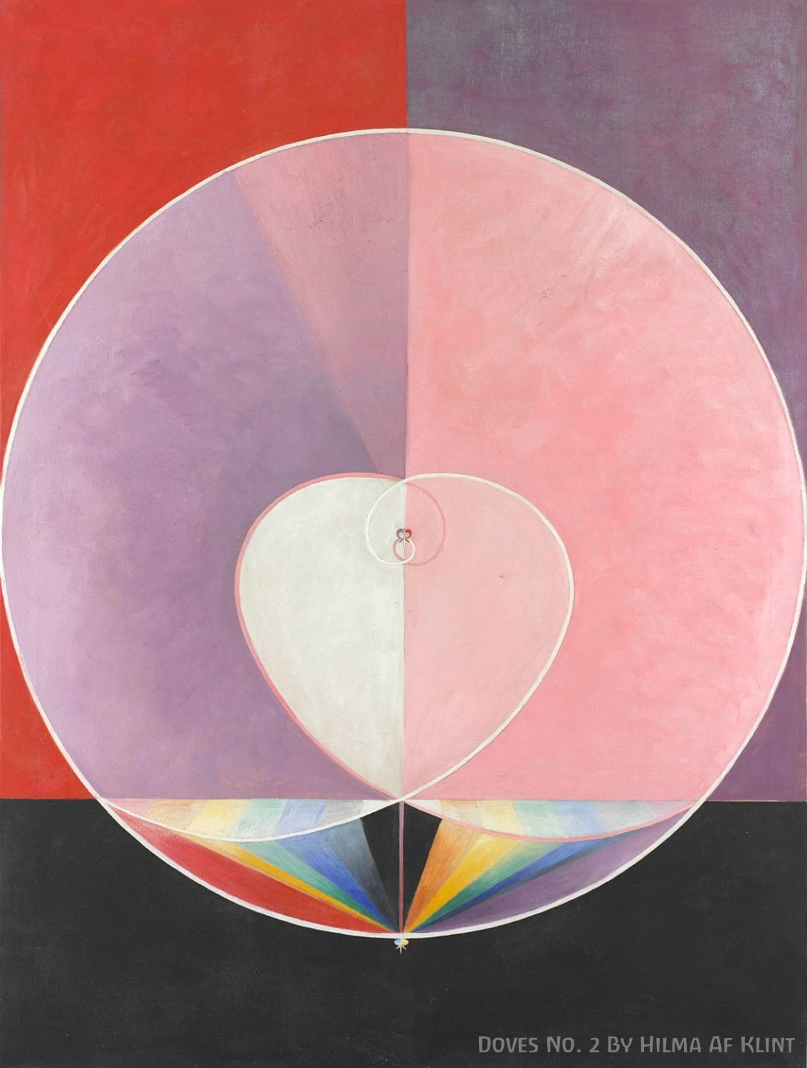 A painting of a geometric figure resembling a sphere with a rainbow-colored pattern at the bottom, set against a background divided into four quadrants with red, purple, gray, and black colors titled "Doves No. 2 by Hilma Af Klint".