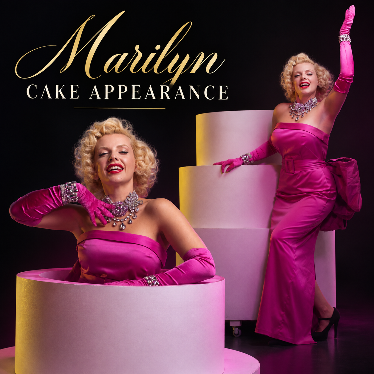 Marilyn Monroe tribute artist Isabella Bliss performing a surprise birthday cake appearance in a pink gown for a special event in the UK
