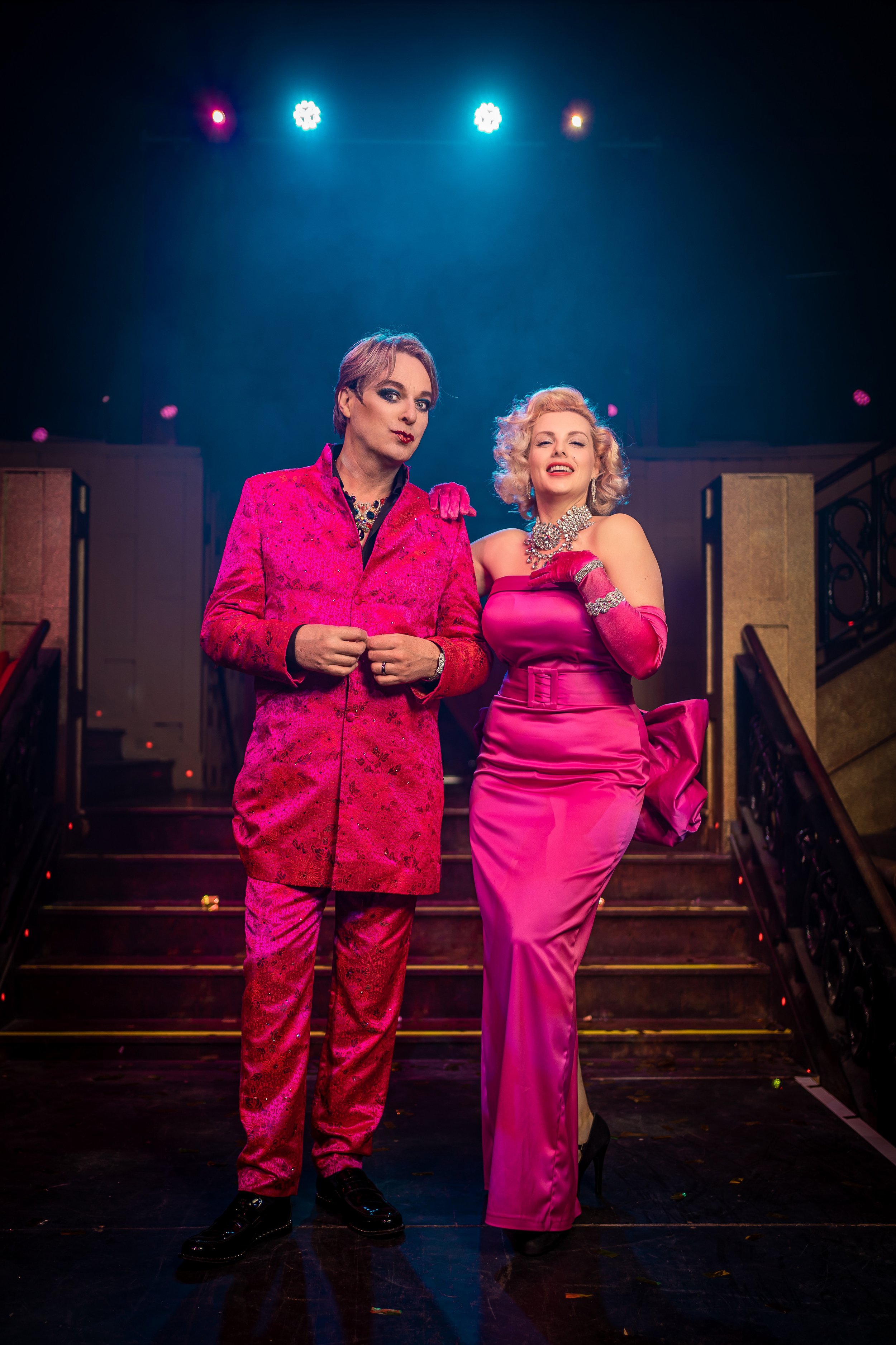 Marilyn Monroe tribute artist Isabella Bliss performing on stage with comedian Julian Clary during a live show