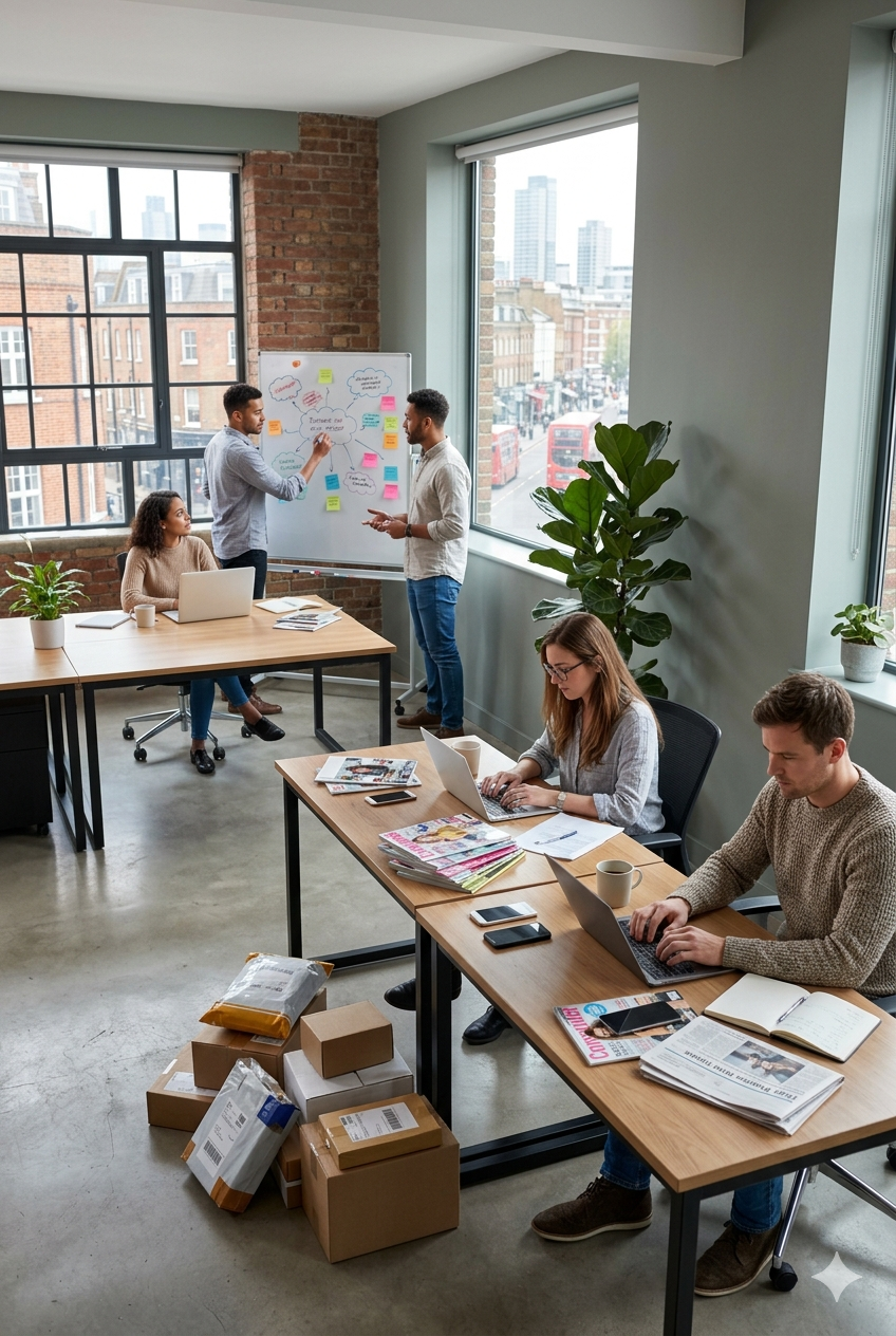 A diverse group of five people working together in an office with large windows, some using laptops, one presenting ideas on a whiteboard with sticky notes, and cardboard boxes on the floor.