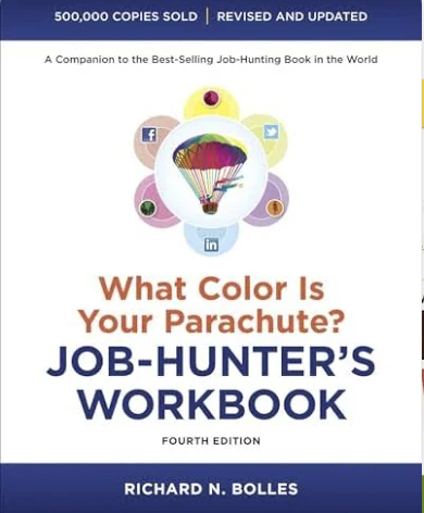 Book cover titled 'What Color Is Your Parachute? Job-Hunter's Workbook' by Richard N. Bolles, 4th edition, featuring a colorful parachute icon and social media icons surrounding it.
