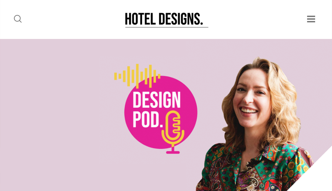 The homepage of a website called Hotel Designs featuring a podcast called Design Pod with a smiling woman in a colorful blouse.