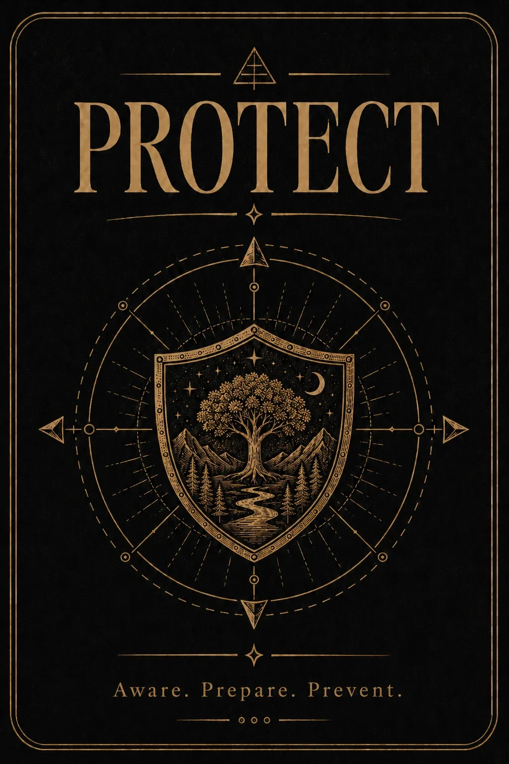 BareBones Combatives Protect graphic featuring a shield and the words “Aware. Prepare. Prevent.
