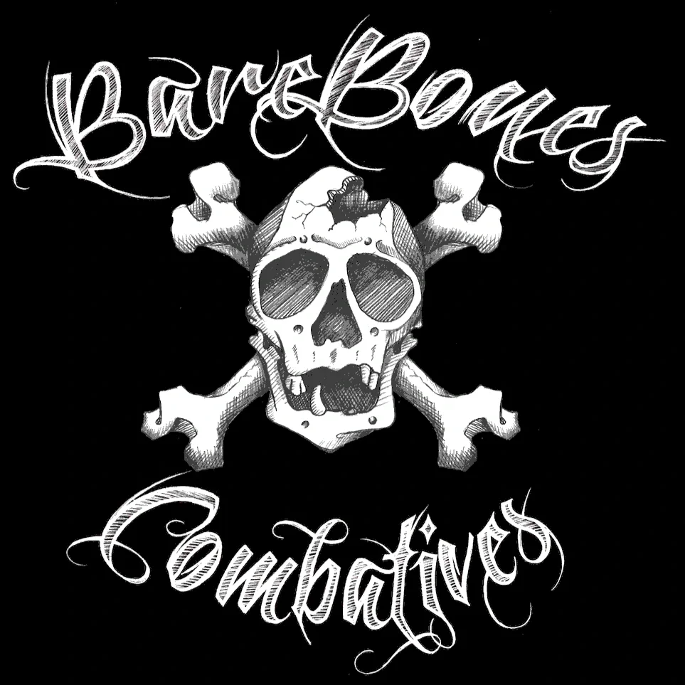 BareBones Combatives hand-drawn skull and crossbones logo in white on black background.