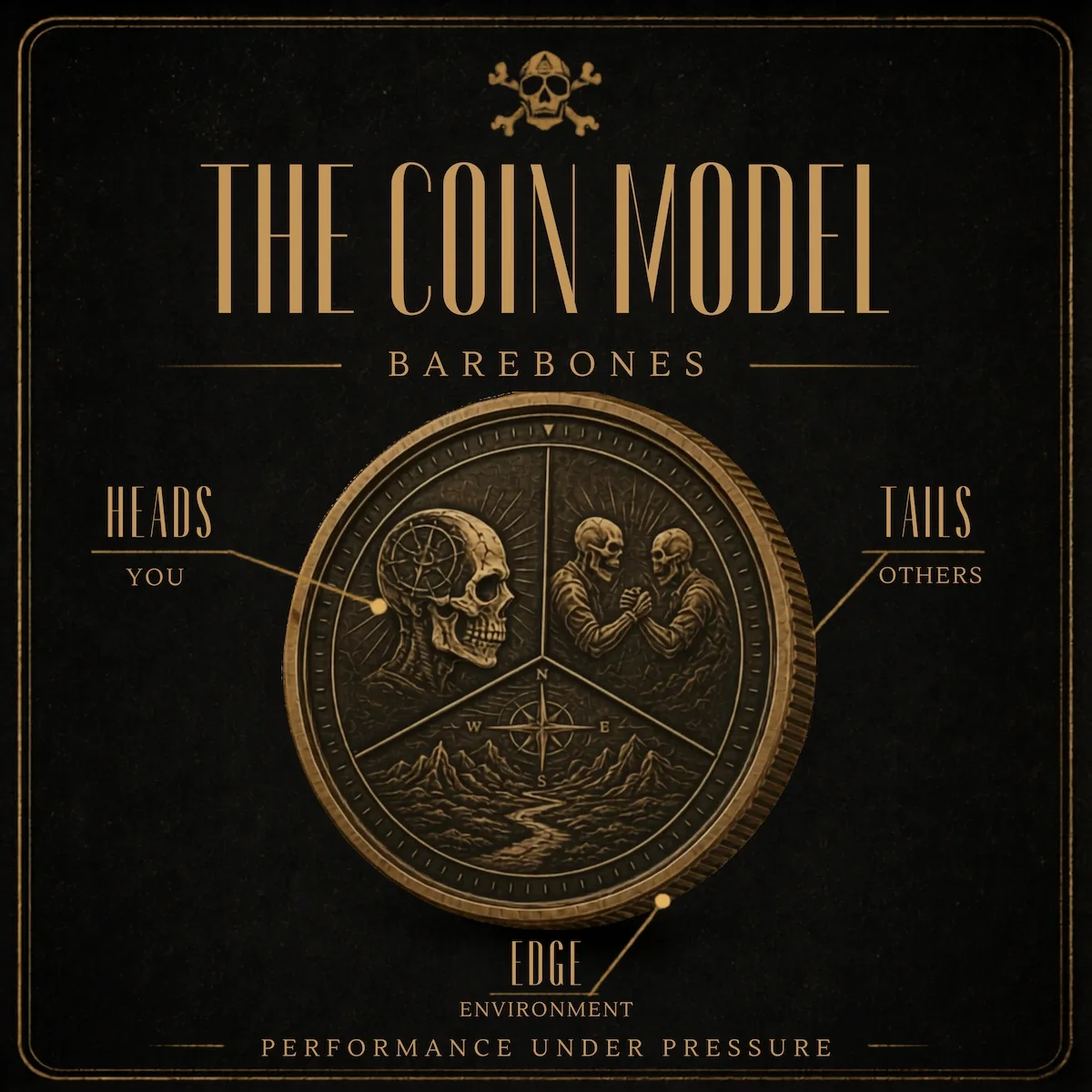 BareBones Combatives Coin Model diagram showing Heads: You, Tails: Others and Edge: Environment.