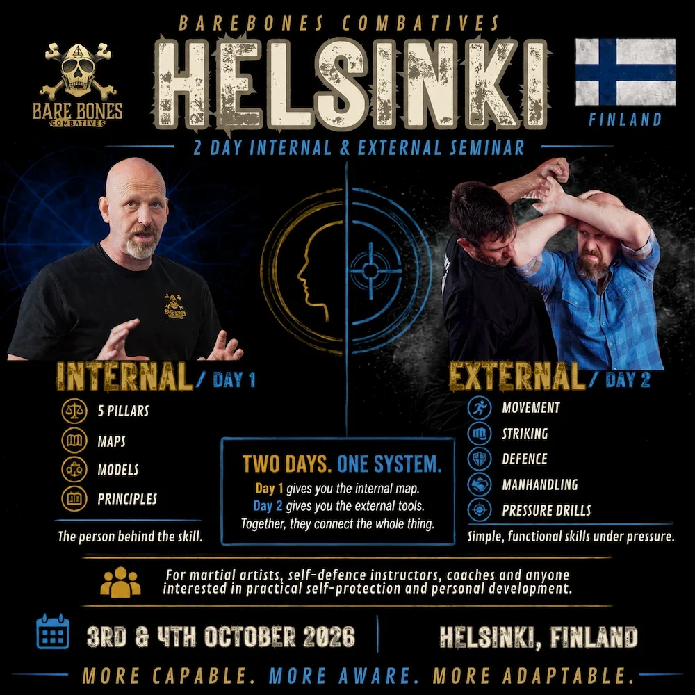 BareBones Combatives Internal and External seminar with Jim Armstrong in Helsinki, Finland, 3–4 October 2026.