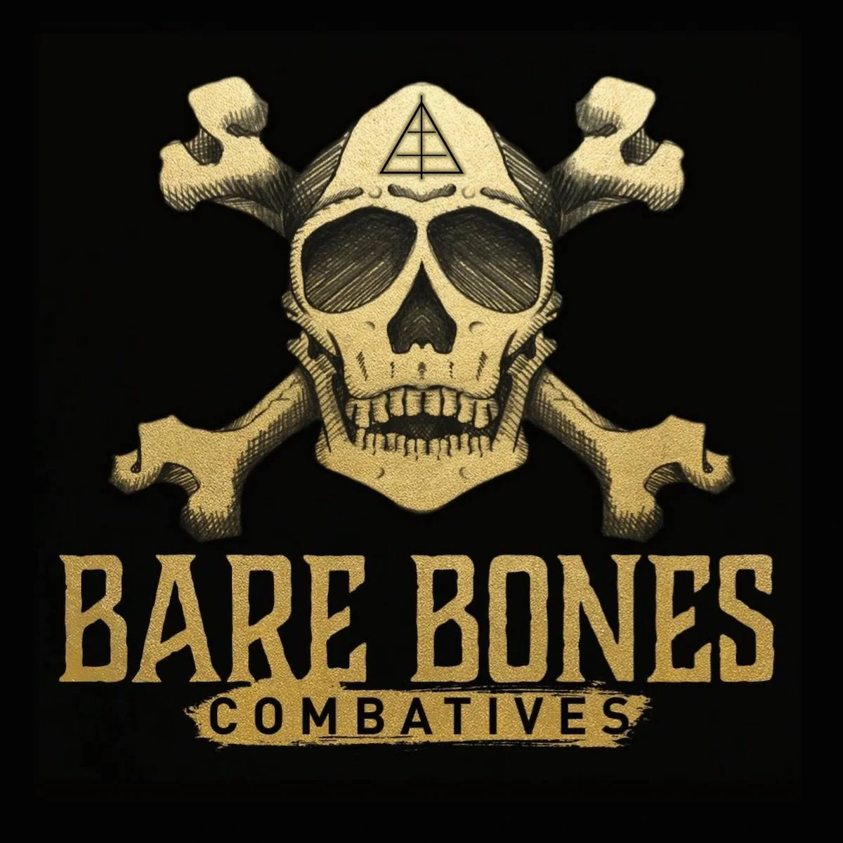BareBones Combatives gold skull and crossbones logo with triangle symbol on black background.