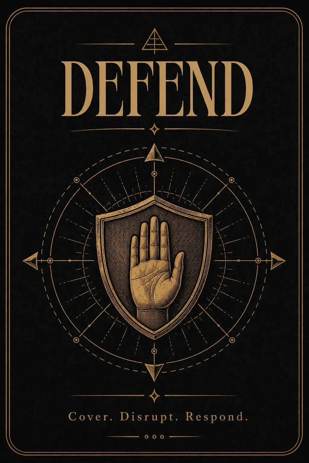BareBones Combatives Defend poster with raised hand shield and the words Cover, Disrupt, Respond.