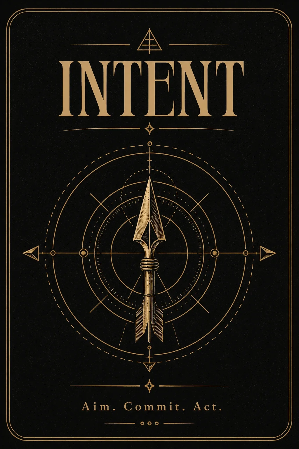 BareBones Combatives Intent principle poster with spear and compass design and the words Aim, Commit, Act.