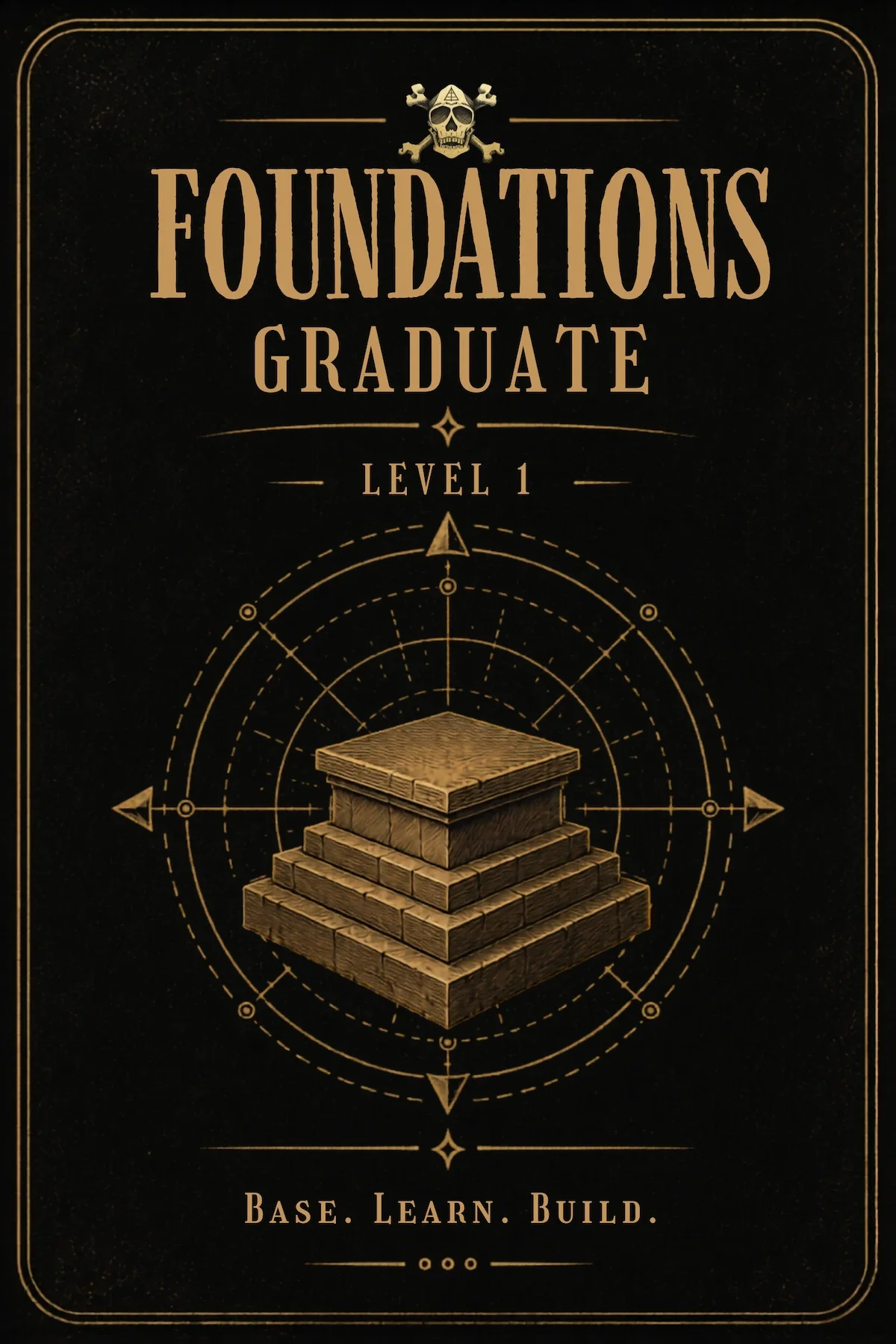 BareBones Combatives Foundations Graduate Level 1 badge featuring a stepped pyramid and the words “Base. Learn. Build.