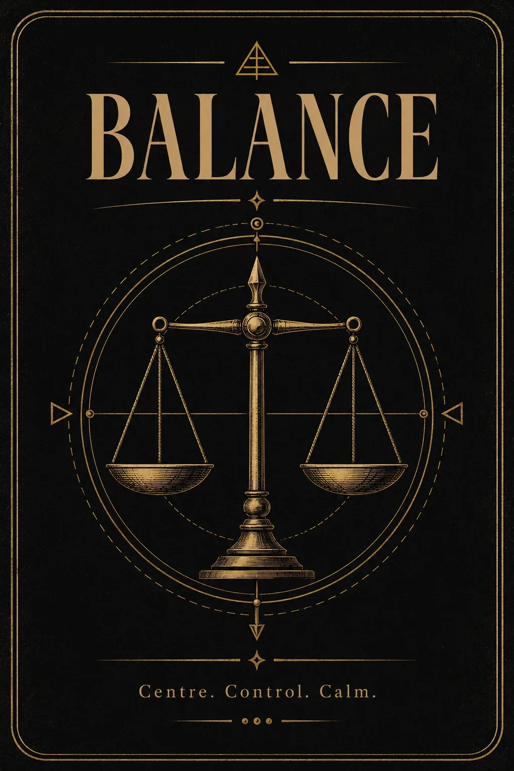 BareBones Combatives Balance principle poster with scales and the words Centre, Control, Calm.