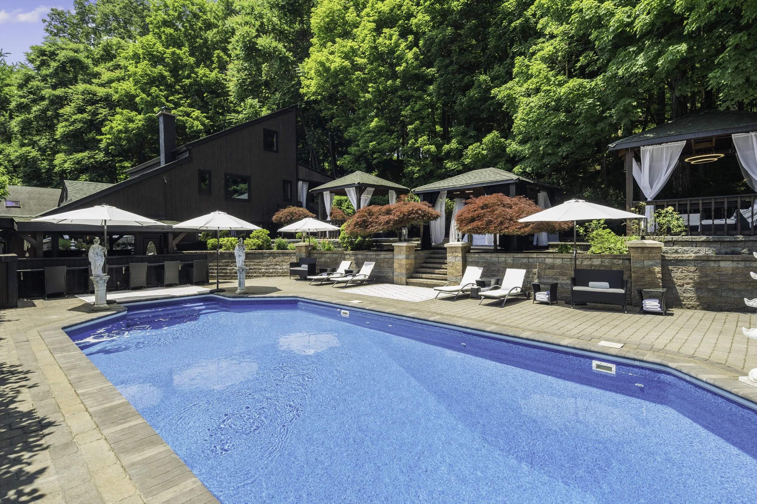 A backyard with a swimming pool surrounded by patio chairs, umbrellas, and ornamental statues, with a house and lush green trees in the background.