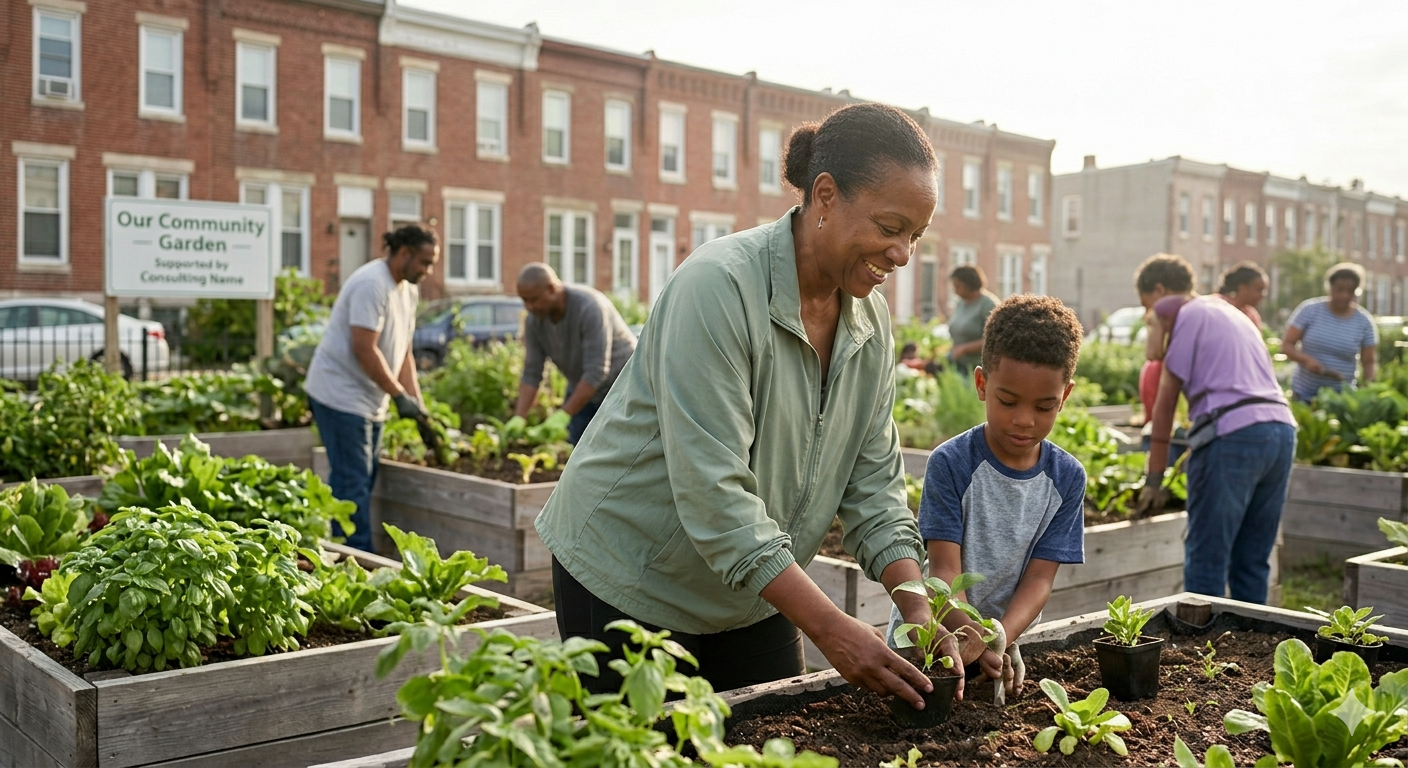 A diverse group of people gardening in an urban community garden with wooden raised beds, including a woman and a young boy planting seedlings, with a sign in the background that reads "Our Community Garden Supported by Consulting Name".