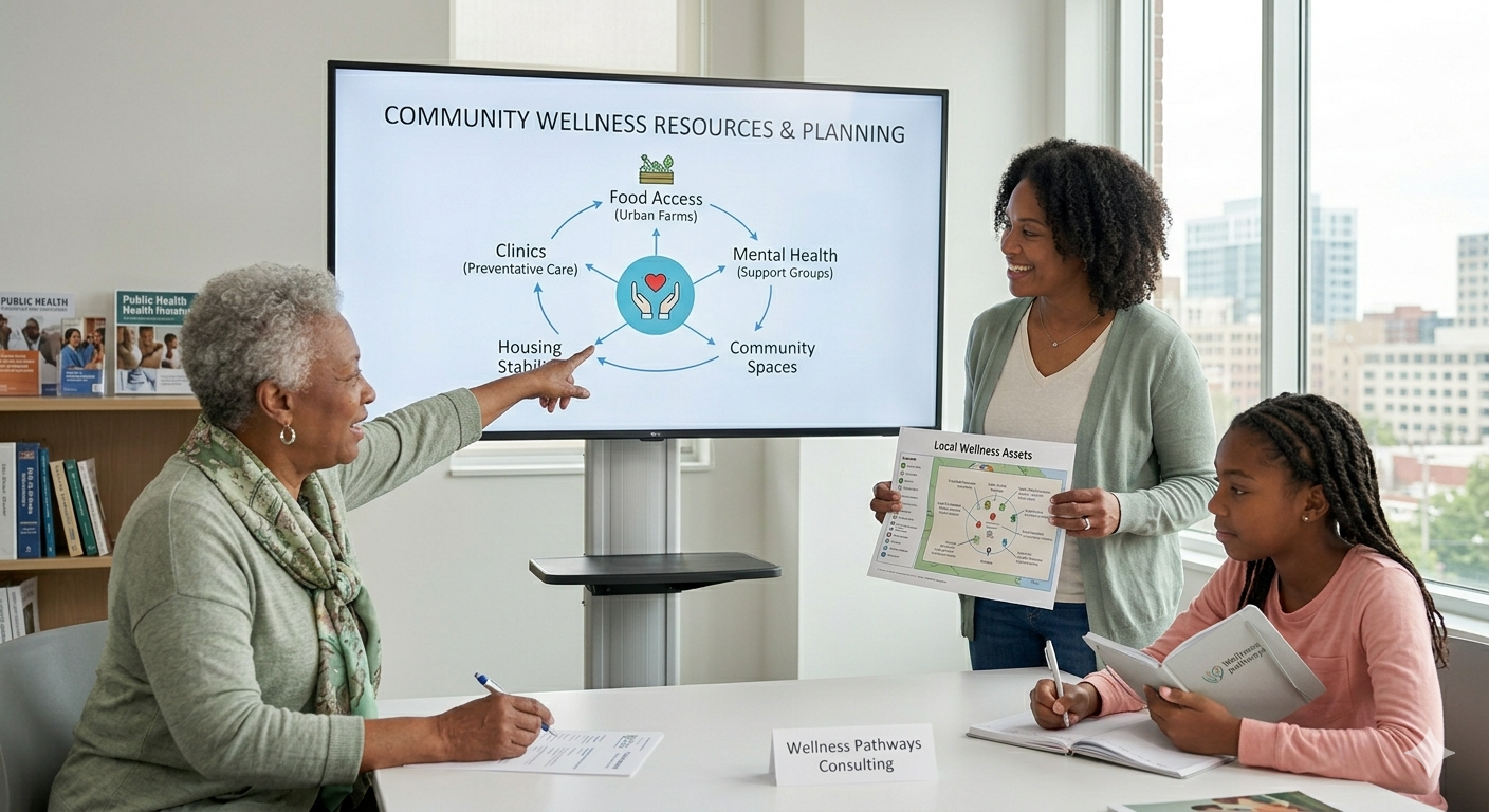 Three women are in a meeting room, discussing community wellness resources; one woman is pointing to a chart on a screen, another is holding a printed chart, and the third is taking notes.